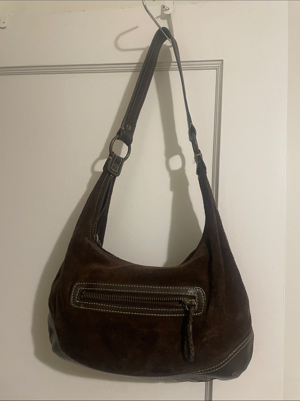 Eddie Bauer Dark Brown Suede Shoulder Bag with Front Zip